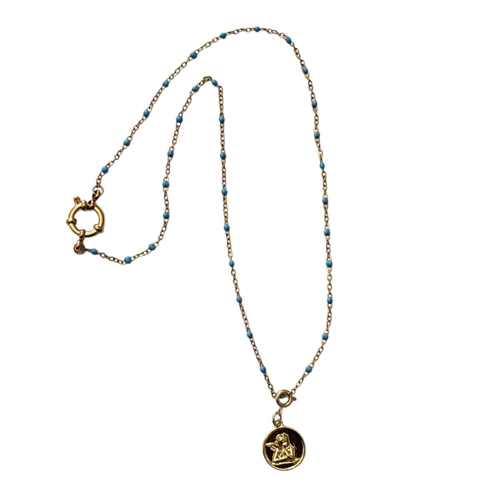 Stainless Steel Necklace Enamel Beads,Gold Color Boho, with Gold tone Angel